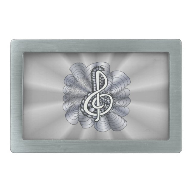 Metallic Silver Treble Clef Musical Art Rectangular Belt Buckle (Front)