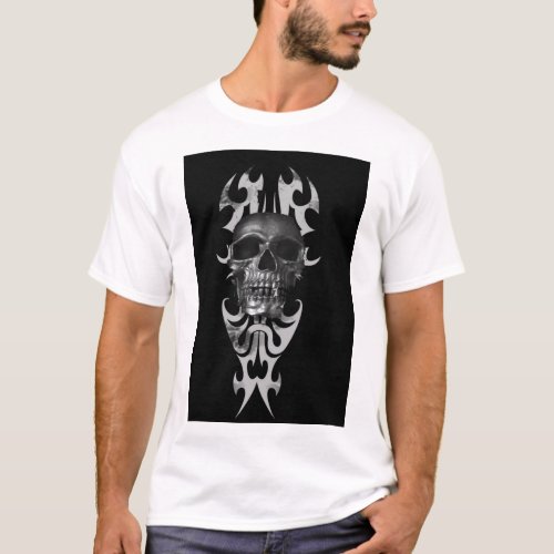Metallic silver tribal skull T_Shirt