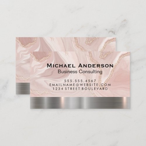 Metallic Silver Trim  Pink Marble Gold Flake Business Card