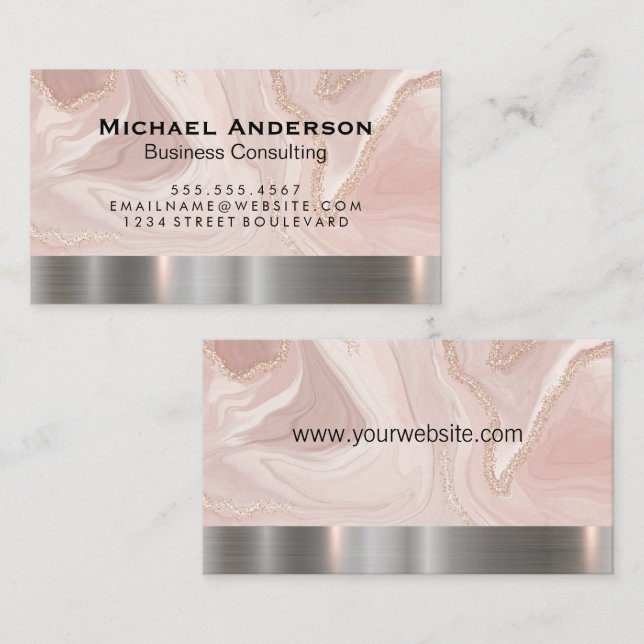 Metallic Silver Trim | Pink Marble Gold Flake Business Card (Front/Back)