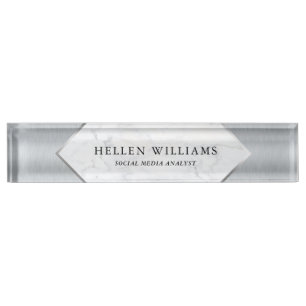 Metallic silver & white marble geometric design desk name plate