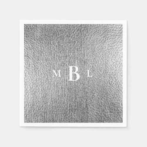 Metallic Silver White Monogram Elegant Cocktail Napkins