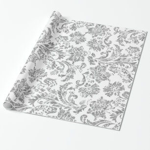 Metallic Silver & White Vintage Damasks Wrapping Paper