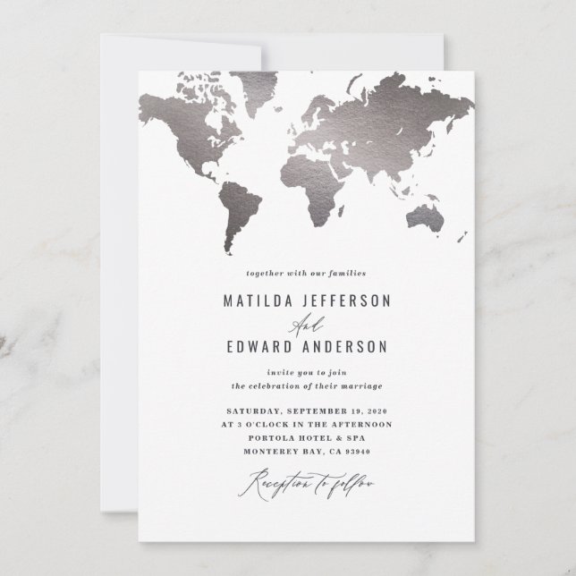 Metallic silver world map wedding travel (Front)