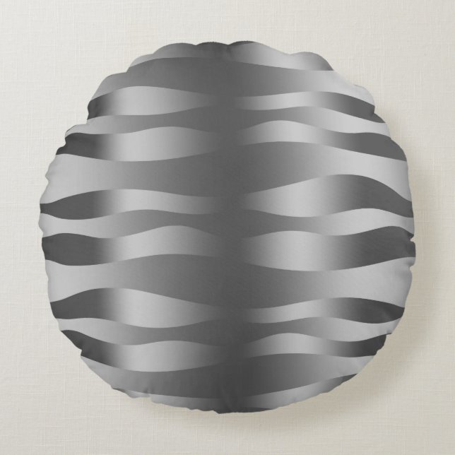 Metallic Silver Zebra Stripes Round Pillow (Front)