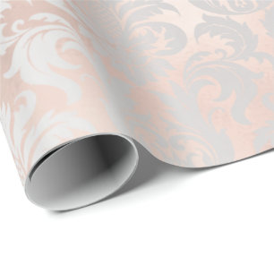 Metallic Skinny Rose Gold Blush Gray Silver Damask Wrapping Paper