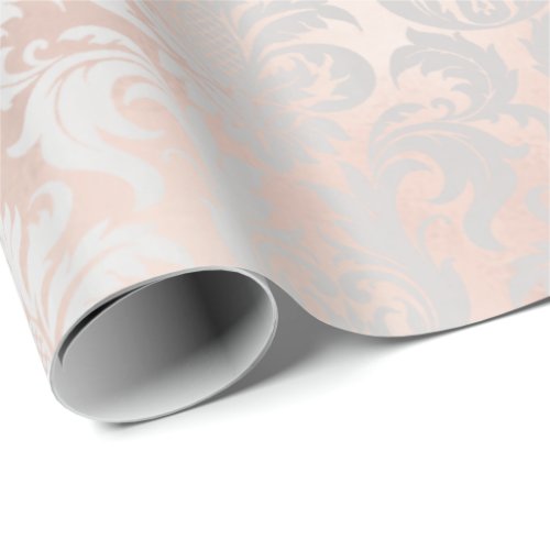 Metallic Skinny Rose Gold Blush Gray Silver Damask Wrapping Paper