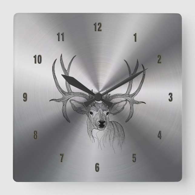 Metallic Stainless Steel & Black Deer Illustration Square Wall Clock (Front)