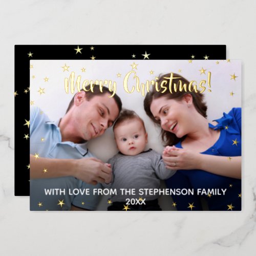 Metallic Stars Merry Christmas Family 3 Photo Foil Holiday Card