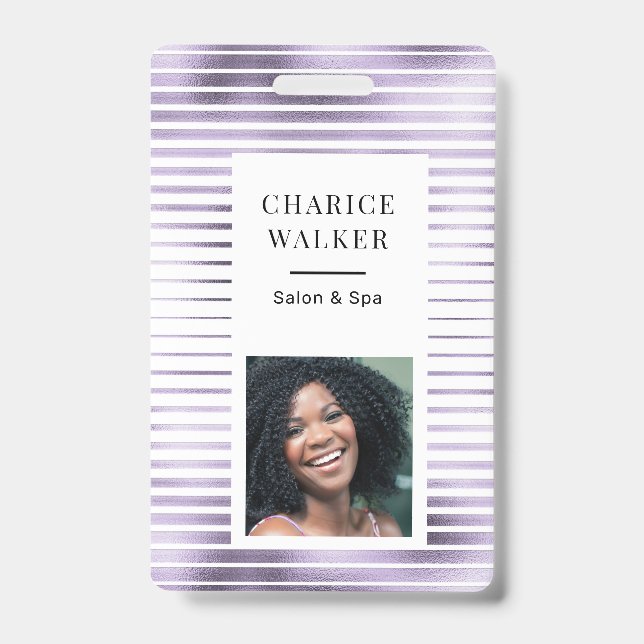 metallic stripes lavender foil salon photo name badge (Front)
