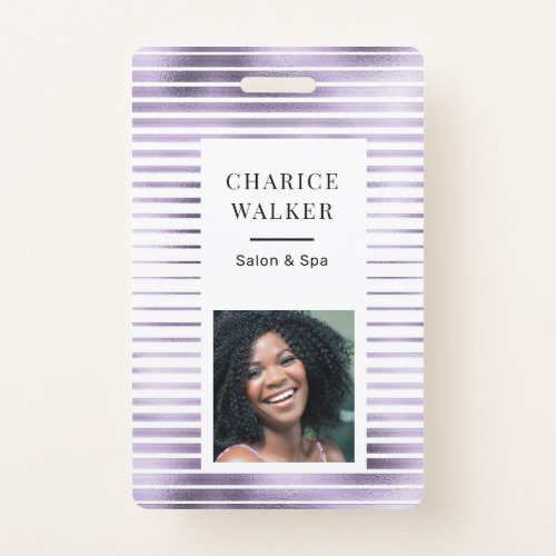 metallic stripes lavender foil salon photo name badge