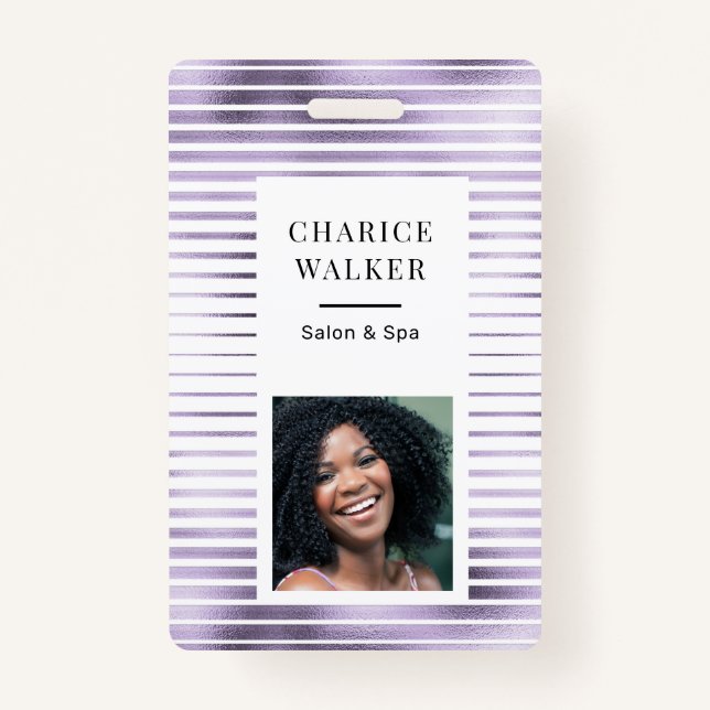 metallic stripes lavender foil salon photo name badge (Front)