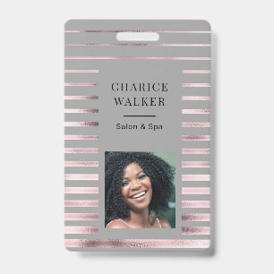 metallic stripes rose gold foil salon photo name badge
