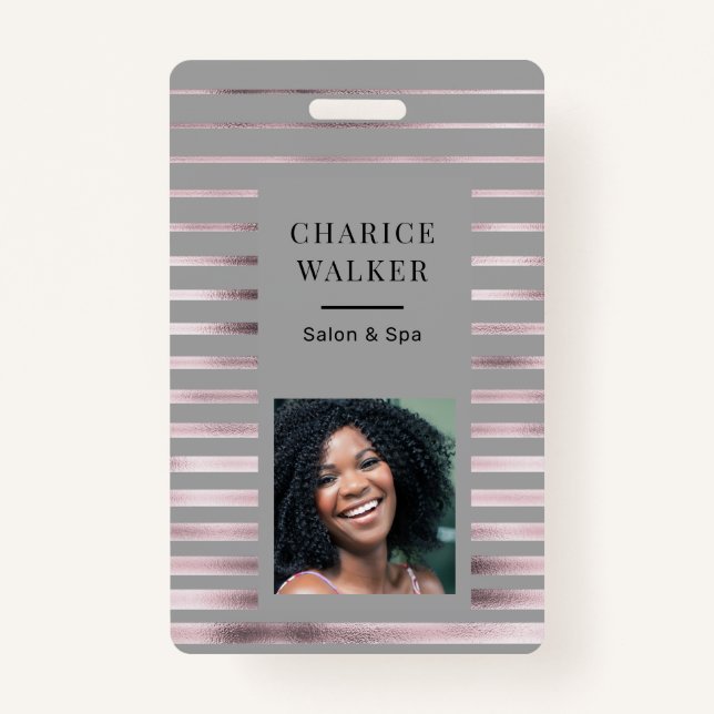 metallic stripes rose gold foil salon photo name badge (Front)