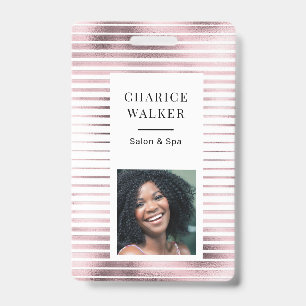 Metallic Stripes Rose Gold Foil Salon Photo Name Badge