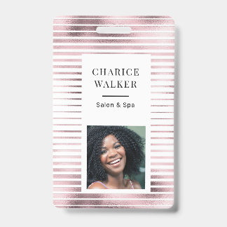 metallic stripes rose gold foil salon photo name badge