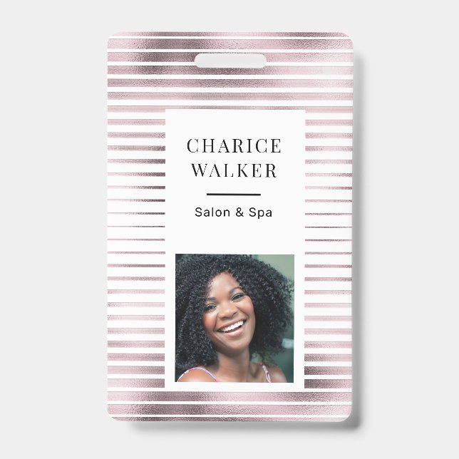 Metallic Stripes Rose Gold Foil Salon Photo Name Badge (Front)