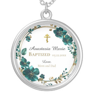 Metallic Style Teal Flowers Gold Leaves Baptism Silver Plated Necklace