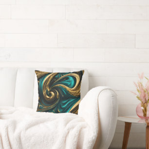 Metallic Teal and Gold Swirls Throw Pillow