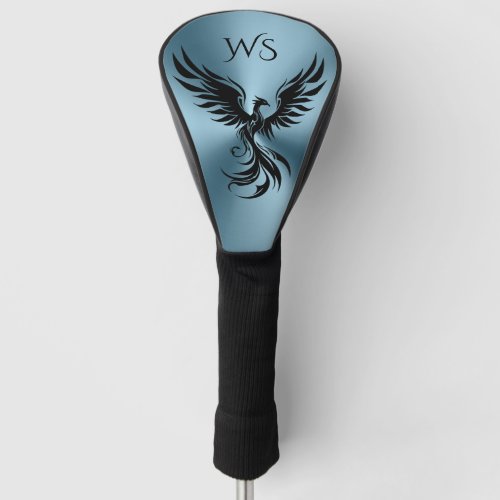 Metallic Teal Blue Black Phoenix Monogram Initials Golf Head Cover