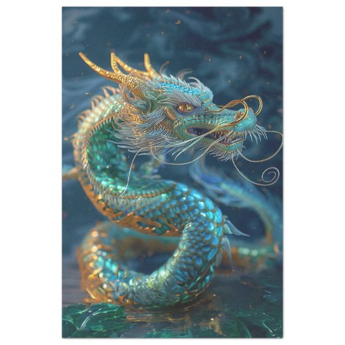 Metallic Teal Gold Serpent Dragon Decoupage Tissue Paper