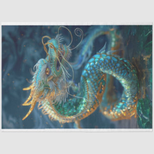 Metallic Teal Gold Serpent Dragon Decoupage Tissue Paper