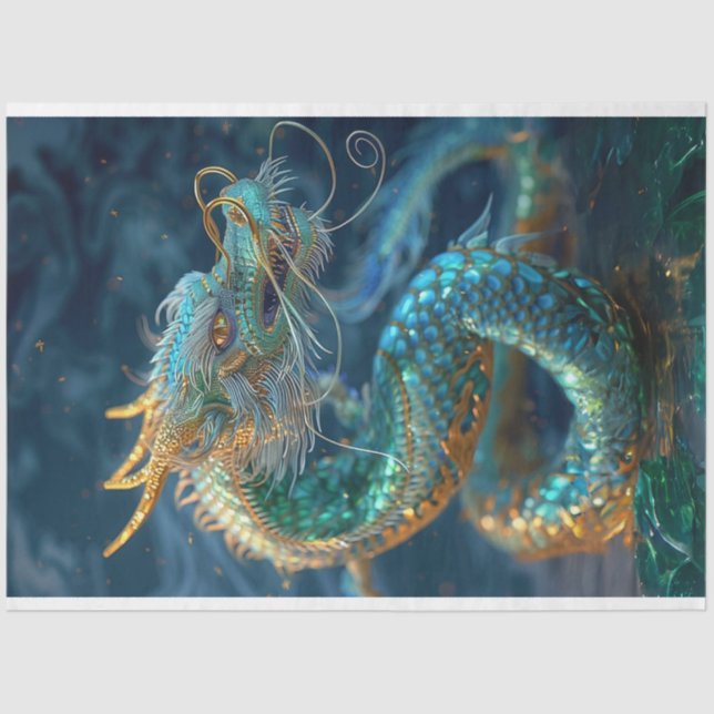 Metallic Teal Gold Serpent Dragon Decoupage Tissue Paper (Front)