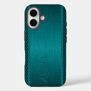Metallic Teal-Green Brushed Aluminum Look iPhone 16 Case