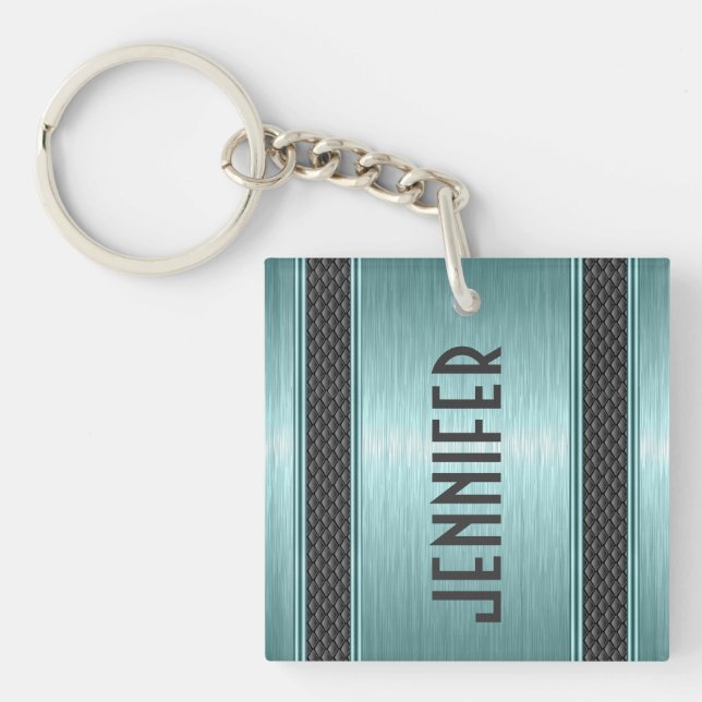 Metallic Teal Green Design Brushed Aluminum Look Keychain (Front)