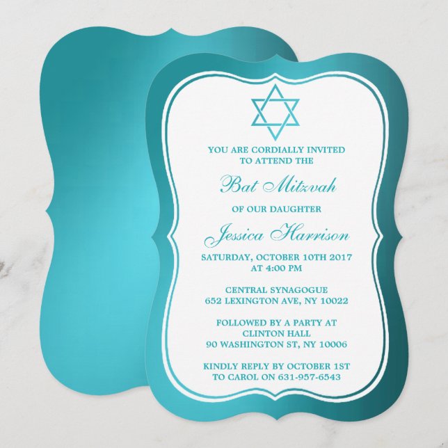 Metallic Teal Jewish Star Of David Bat Mitzvah Invitation (Front/Back)