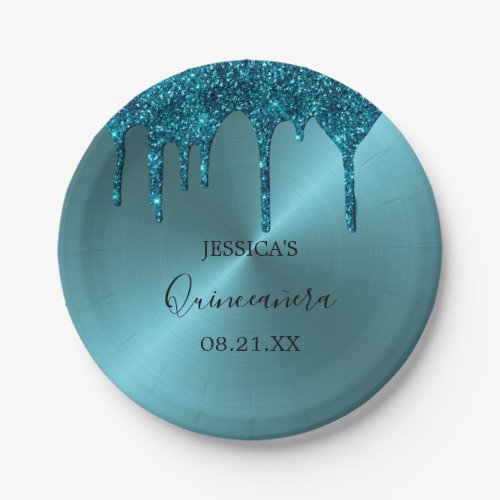 Metallic teal Quinceaera plate