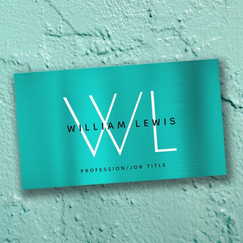 Metallic Teal Turquoise Monogram Modern Minimalist Business Card