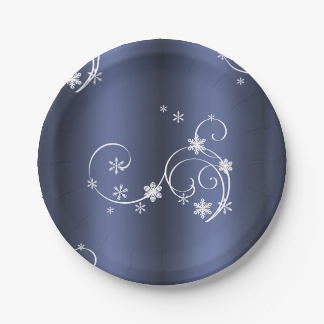 Metallic Teal, White Swirls Christmas Paper Plates (Front)