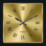 Metallic Texture Gold Border Roman Numerals Square Wall Clock<br><div class="desc">Image of shiny metallic gold texture stainless steel look with tin gold border and black Roman numerals.
Optional black name monogram.</div>
