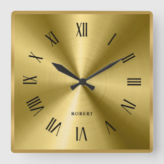 Metallic Texture Gold Border Roman Numerals Square Wall Clock