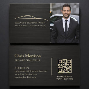 Metallic Transport Car QR Code Photo Black & Gold Business Card