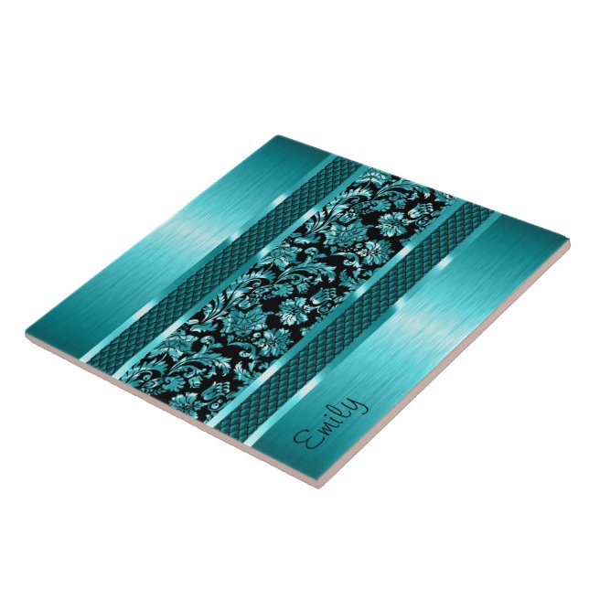 Metallic Turquoise  And Black Damasks And Metal Ceramic Tile (Side)