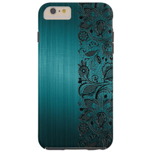 Metallic Turquoise Background & Black Floral Lace Tough iPhone 6 Plus Case