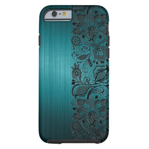Metallic Turquoise Background  Black Floral Lace Tough iPhone 6 Case