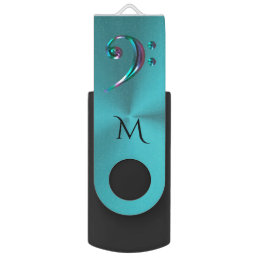 Metallic Turquoise Bass Clef Music USB Flash Drive