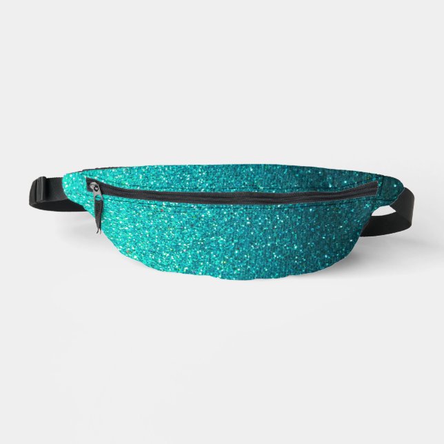 Metallic Turquoise Blue and Black Glitter Ombre Fanny Pack (Front)