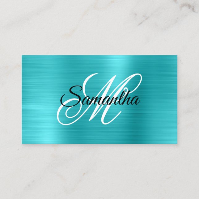 Metallic Turquoise Blue Foil Fancy Monogram Business Card (Front)