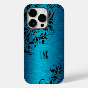 Metallic Turquoise Blue With Black Floral Swirls C Case-Mate iPhone 14 Pro Case