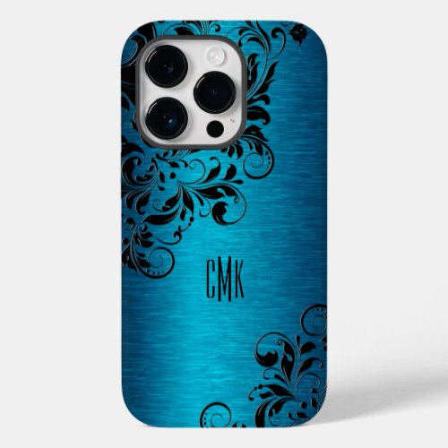Metallic Turquoise Blue With Black Floral Swirls C Case_Mate iPhone 14 Pro Case