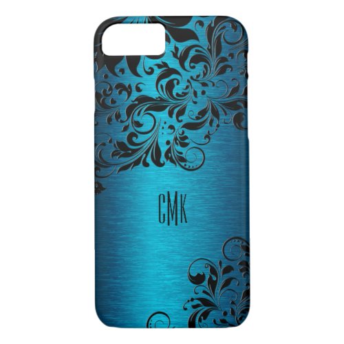 Metallic Turquoise Blue With Black Floral Swirls iPhone 87 Case