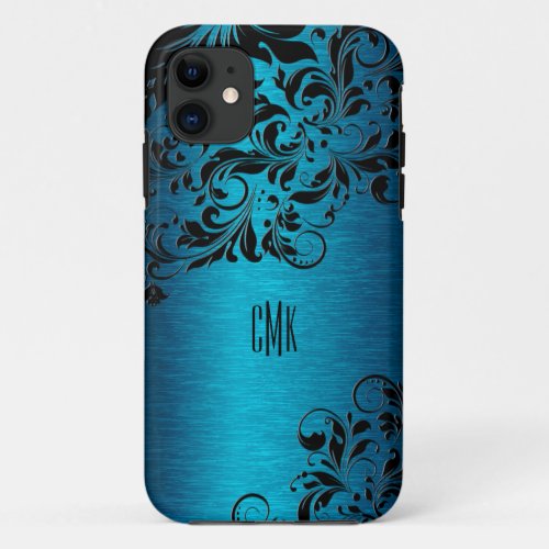 Metallic Turquoise Blue With Black Floral Swirls iPhone 11 Case