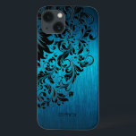 Metallic Turquoise Brushed Aluminum Black Lace 2 iPhone 13 Case<br><div class="desc">Elegant blue-green turquoise metallic background brushed aluminum look black floral lace. Customizable monogram. Several version on this design with different lace position.</div>