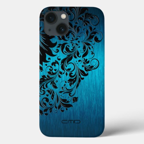 Metallic Turquoise Brushed Aluminum Black Lace 2 iPhone 13 Case