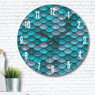 Metallic Turquoise Teal Mermaid Scales Pattern Large Clock