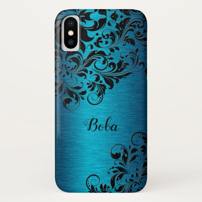 Metallic Turquoise With Black Floral Lace Monogram Case-Mate iPhone Case (Back)
